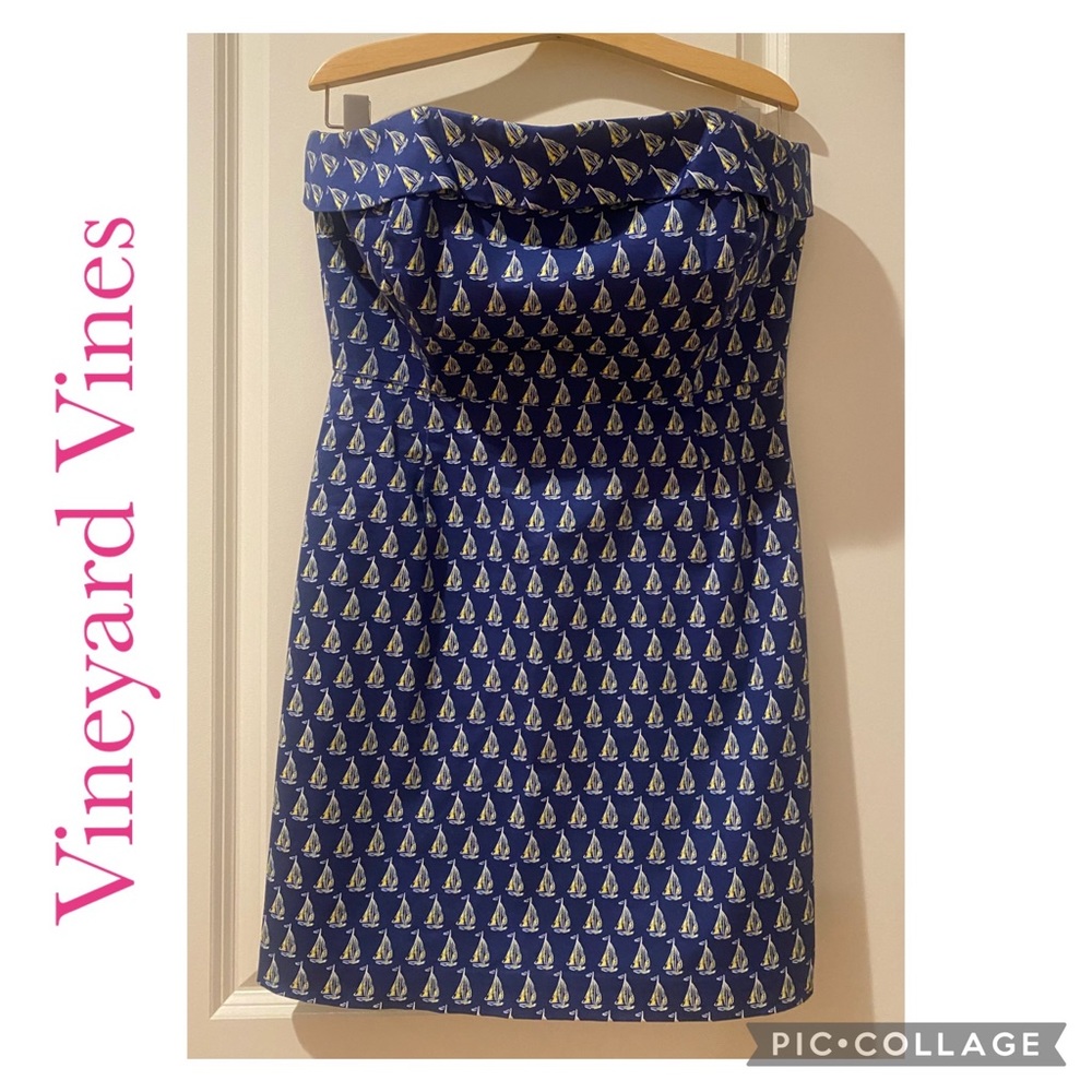 Vineyard Vines Navy Size 12 Sailboats Ruffle Strapless Dress